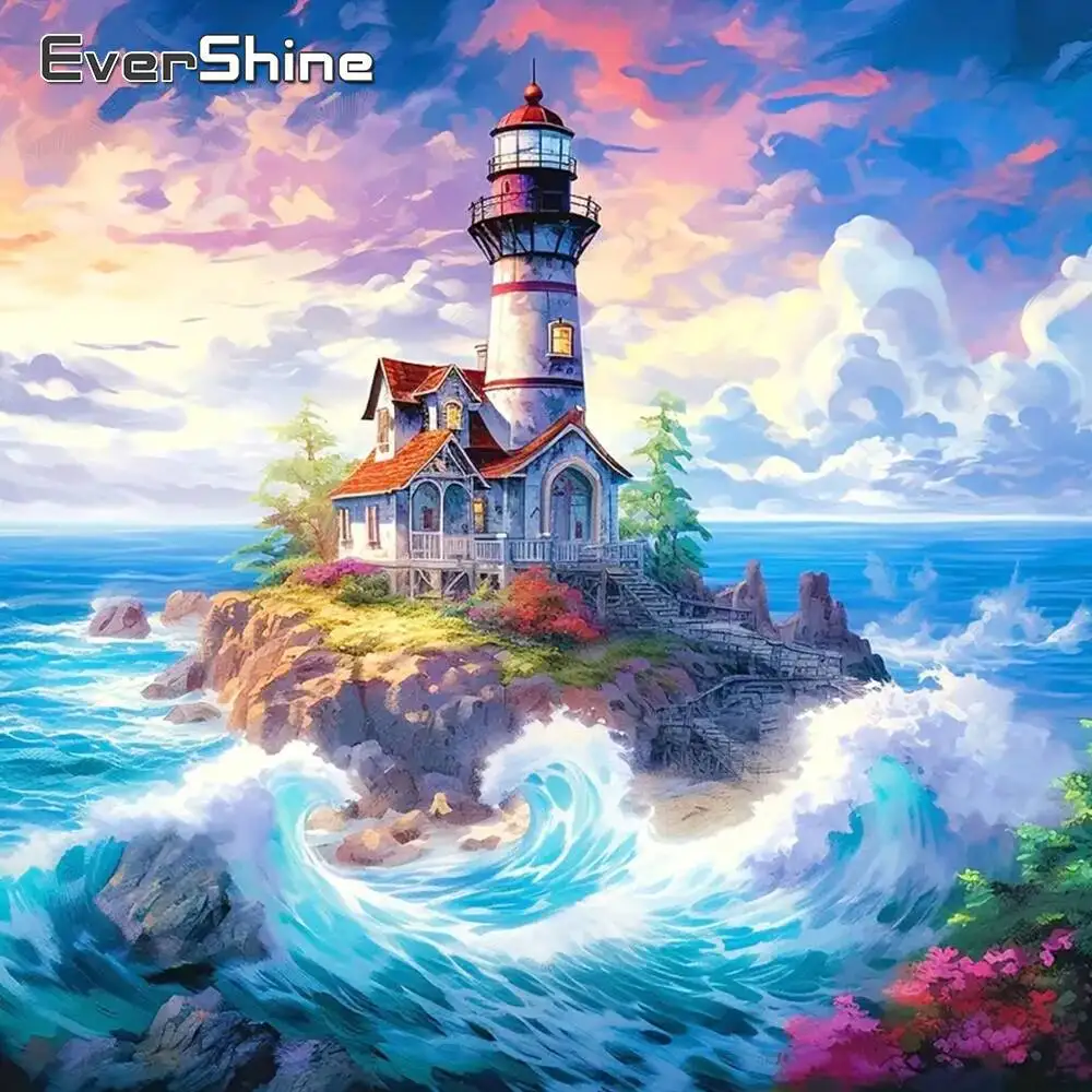 Evershine Diamond Embroidery Lighthouse Painting Seasdie Full Square Round Landscape Mosaic Handmade Hobby