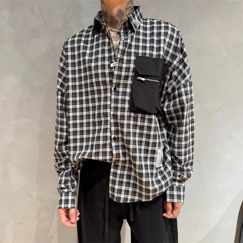 

Autumn Japanese Fashion Plaid Shirt Men Daily Casual Long Sleeve Shirt Men Pocket Patchwork Designer Shirt Youth Tops 2025 New