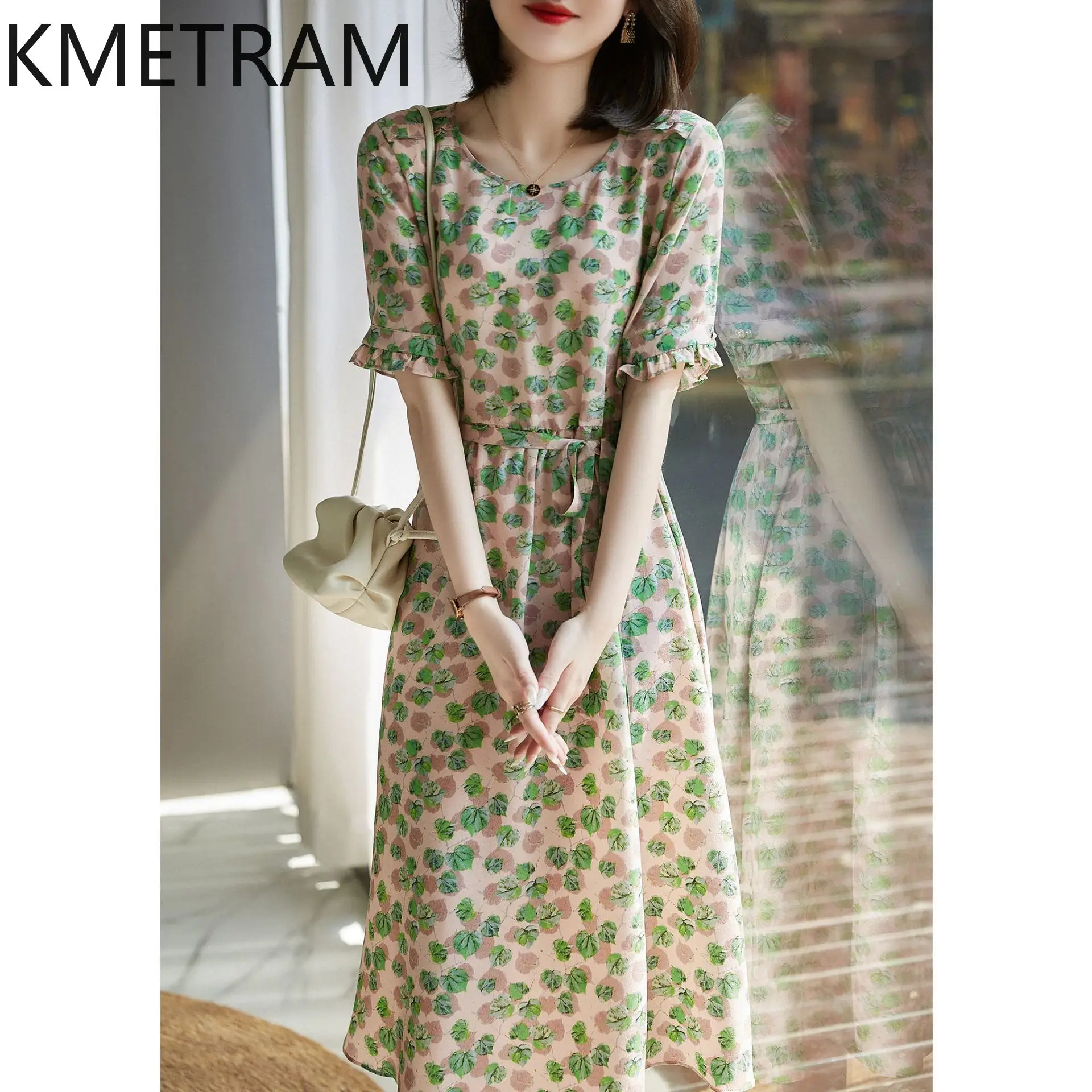 

KMEREAM 100% Mulberry Silk Dresses Woman Floral Print Elegant Dress Woman Clothes Lace-up Summer New in Dresses Vestidos Mujer