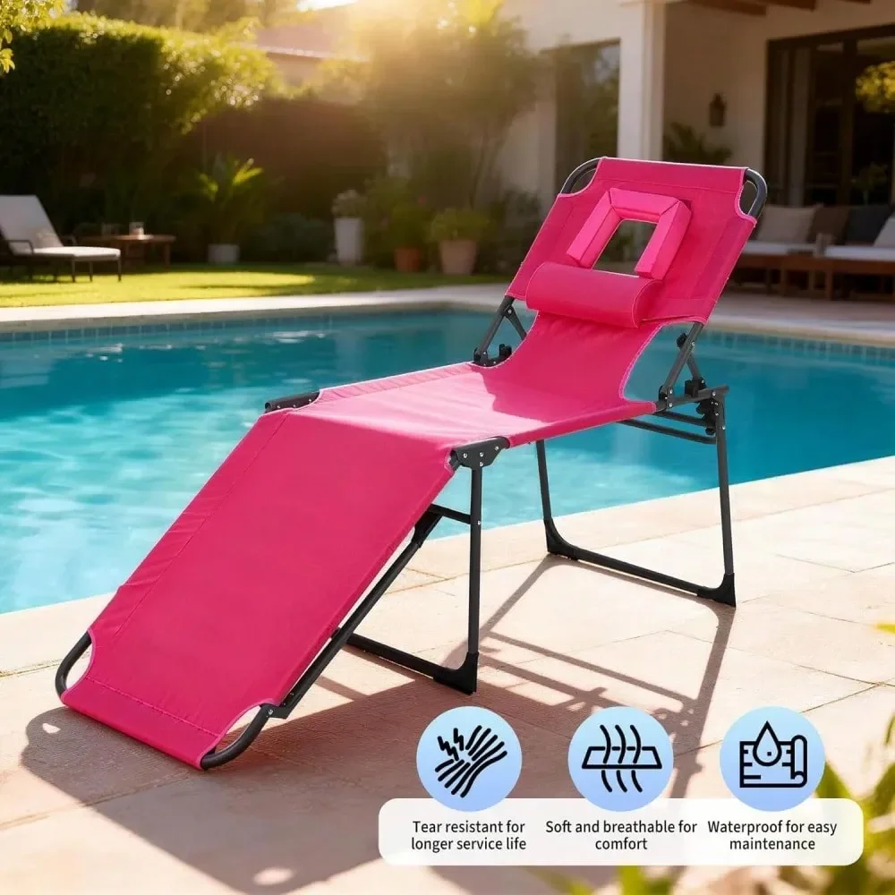 

Tanning Chair With Face Hole Folding Beach Lounge Chair,5Position Adjustable Backrest, Pillow Side Pocket, Portable Face Down C