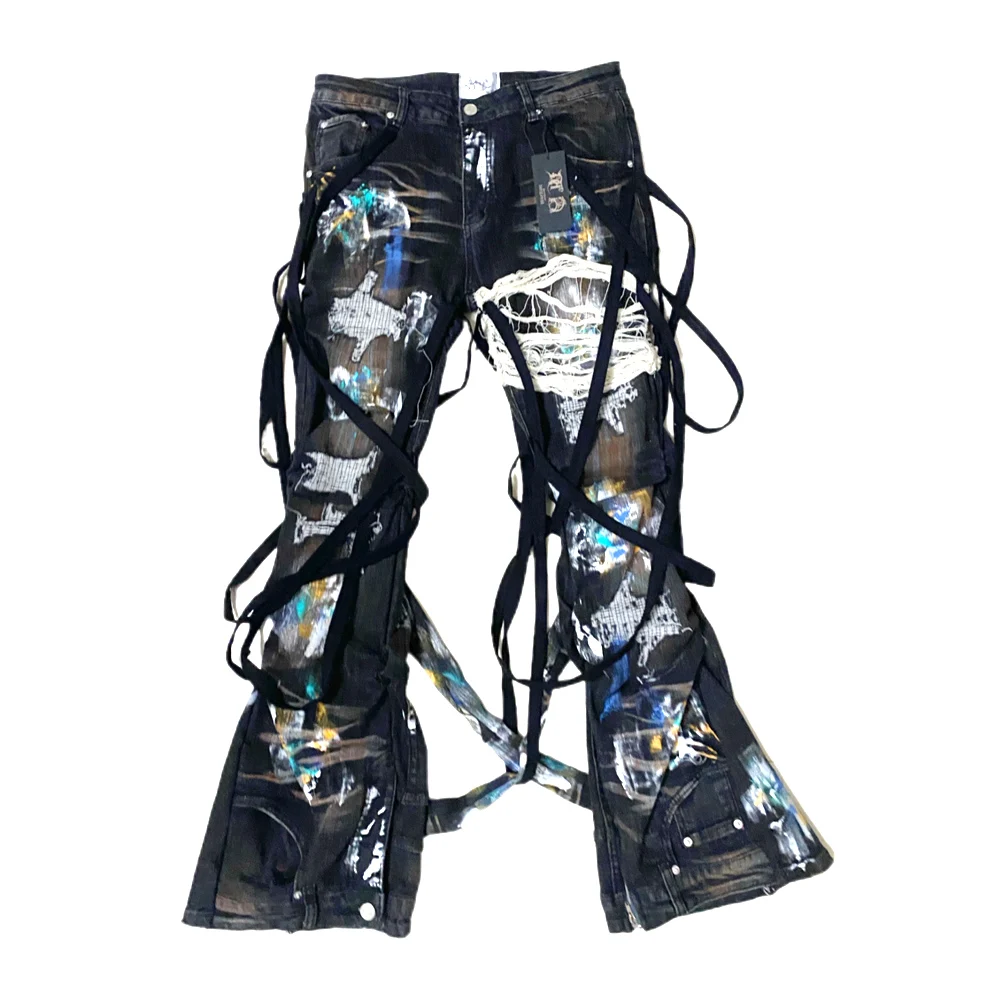 블랙 그래피티 찢어진 태슬 스트랩 남성 청바지