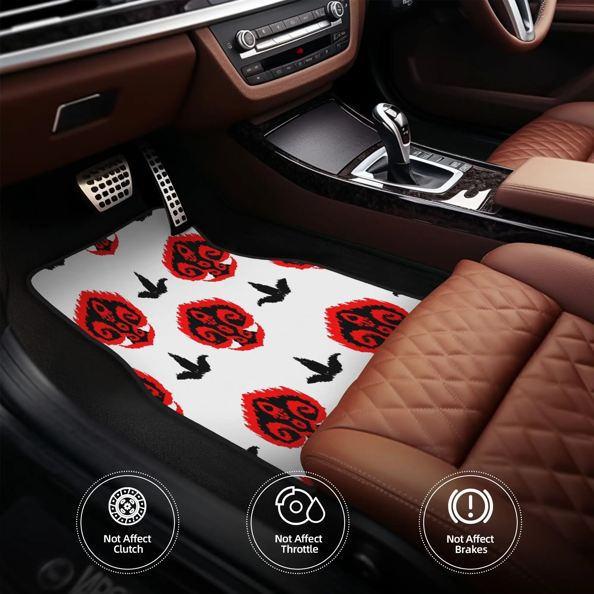 A Complete Set Of Four Car Mats Featuring A Red Tribal Design With Floral Elements In A Dark Ethnic Ikat Style, Ideal For Upgrad