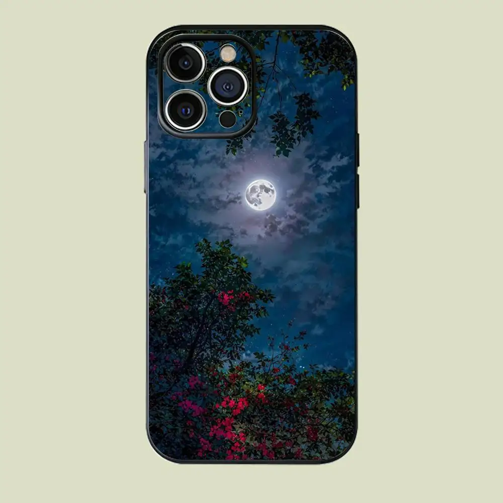 

Moon and Flowers Phone Case Silicone Phone Case For iPhone 17 16 15 14 13 12 Plus Pro Max Shockproof Soft Cover