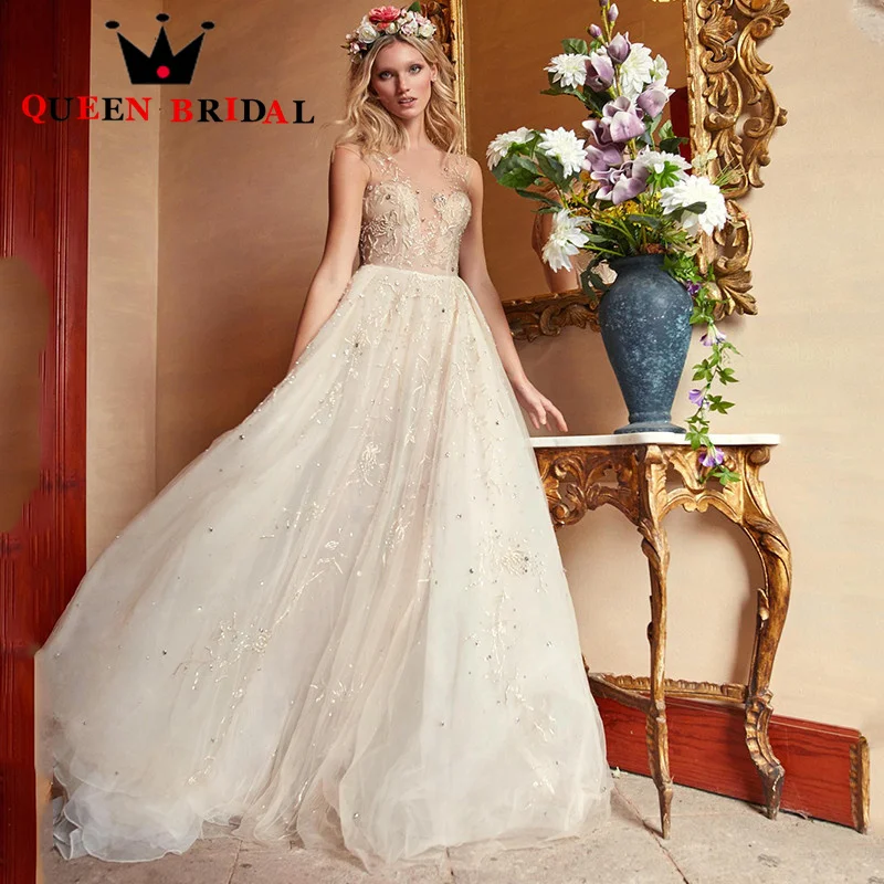 

Luxury V Neck A Line Wedding Dress 2023 New Lace Beading Crystal Sleeveless Backless Bridal Gowns Vestidos De Novia Custom C21X