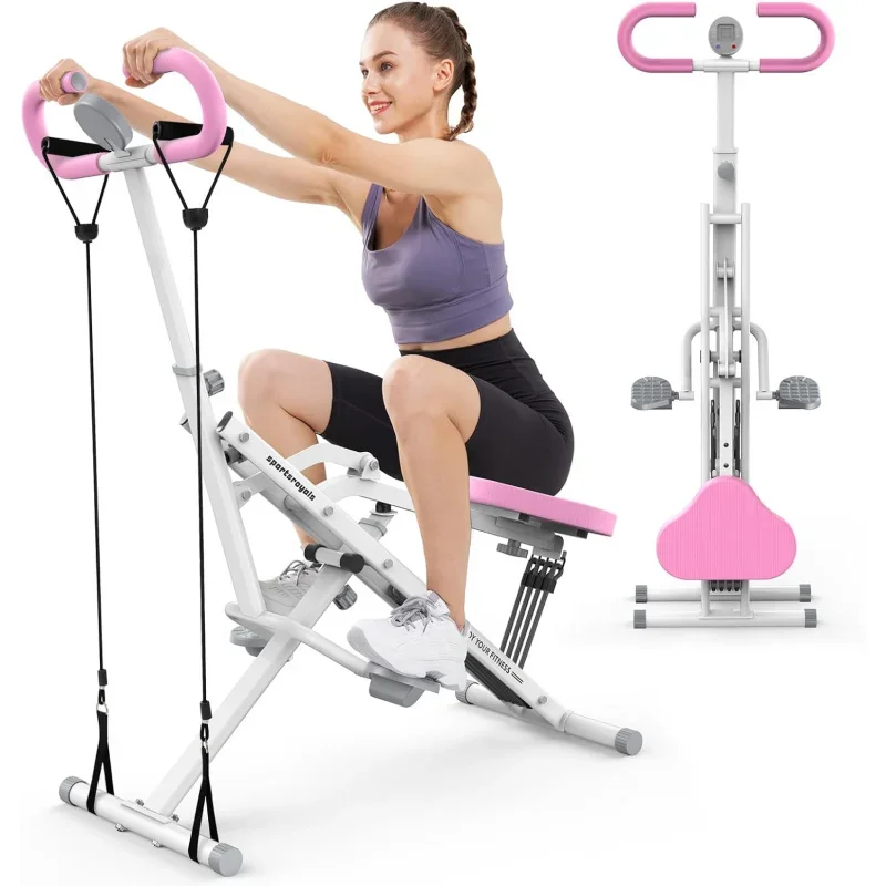 Roze squatmachine voor thuis, Rodeo Core-oefeningsmachine, 330 lbs opvouwbaar, verstelbare 4 weerstandsbanden, rit- en roeimachine