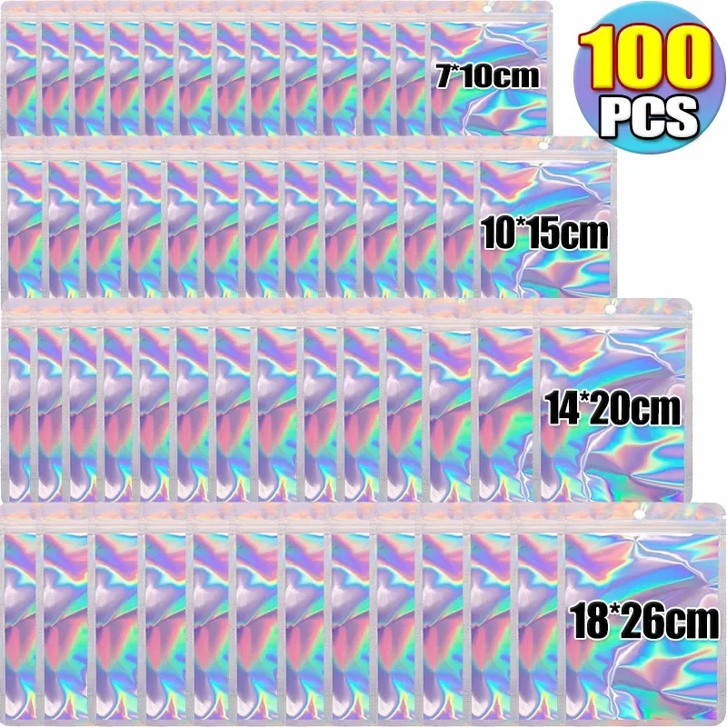 100/10PCS Resealable Laser Self-locking Bags Plastic Waterproof Holographic Clear Storage Bag Makeup Jewelry Zipper Packe Pouch