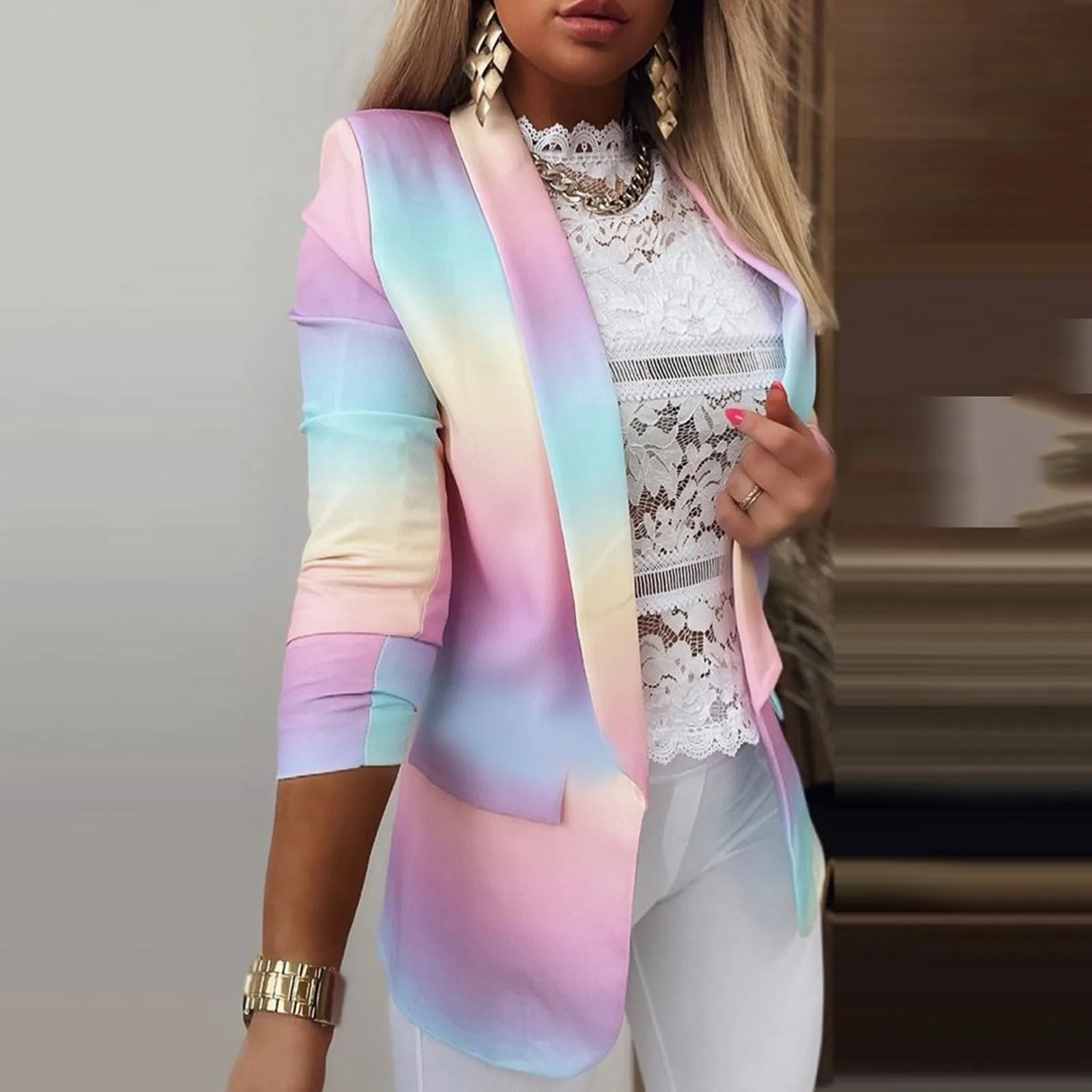 Blazer For Women Spring Tie-Dye Gradient Long Sleeve Lapel Jacket Business Formal Suit Office Lady Casual Blazer Cardigan