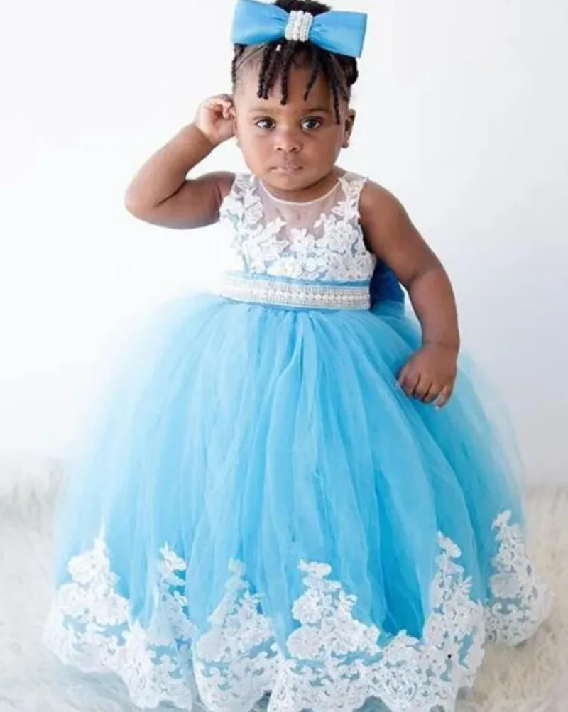 

New Blue Tulle White Lace Toddler Girls First Birthday Party Gown with Crystals Belt Big Bow Flower Girl Dress Baby Clothing