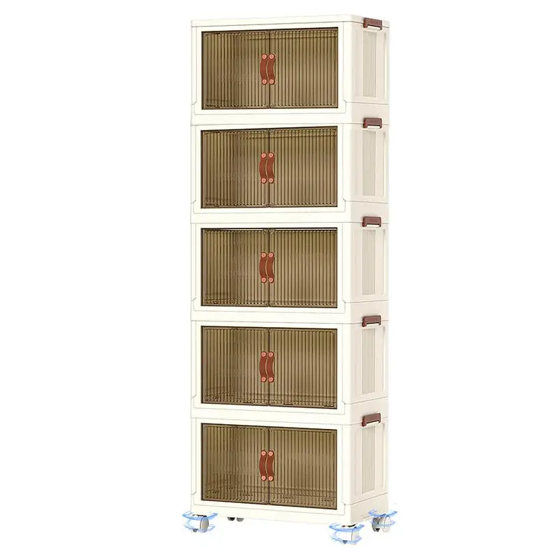 

Folding Storage Cabinet Foldable Organizing Bins 5 Tiers Stacking Front Opening Box 360 Degree Rotating Wheels Organizers