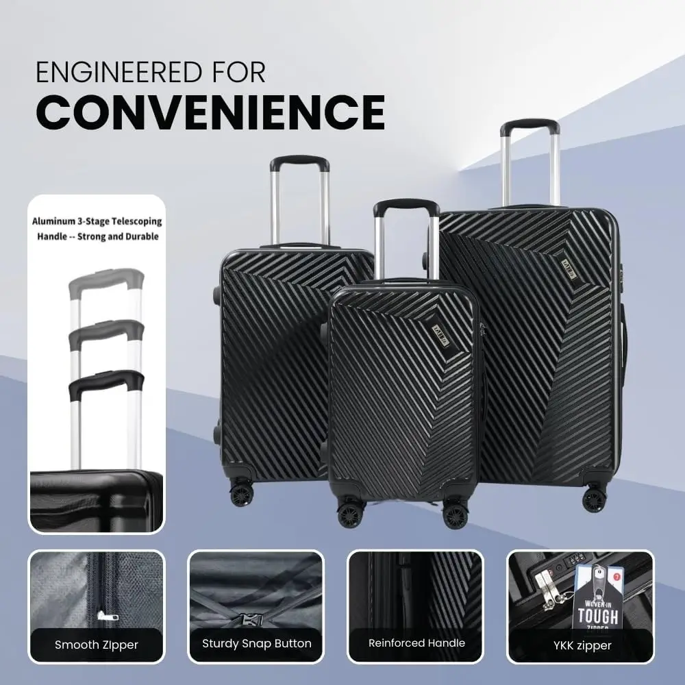 3-Piece Hard Spinner Luggage Set (20'–28') with TSA Lock, PC+ABS, Jet Black