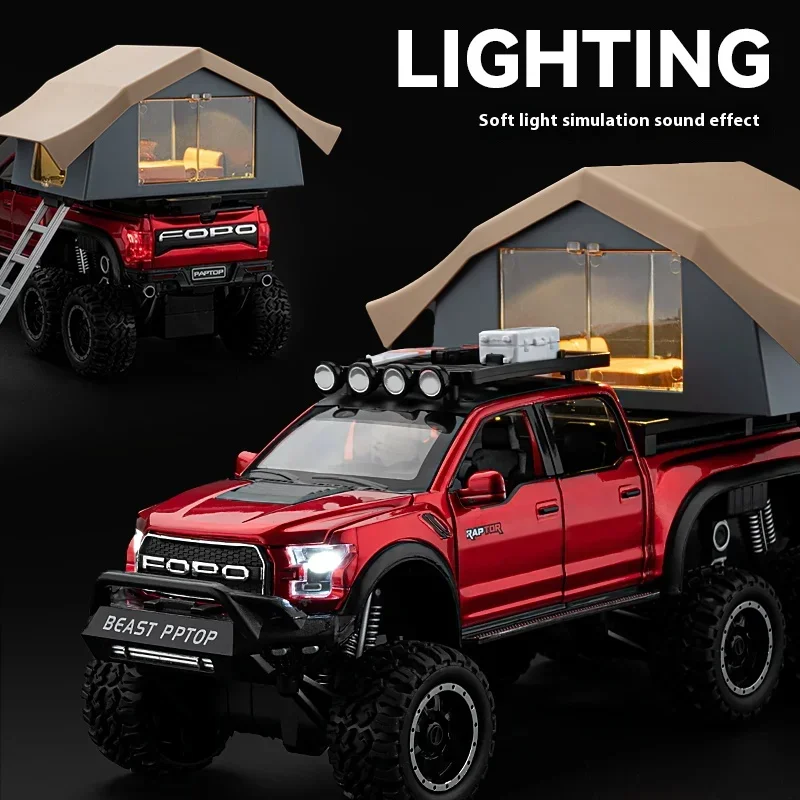 1:24 Ford Raptor F150 Camping RV Off Road Pickup Truck Alloy Metal Diecast Model Car Sound & Light Toys Gifts For Kids C336