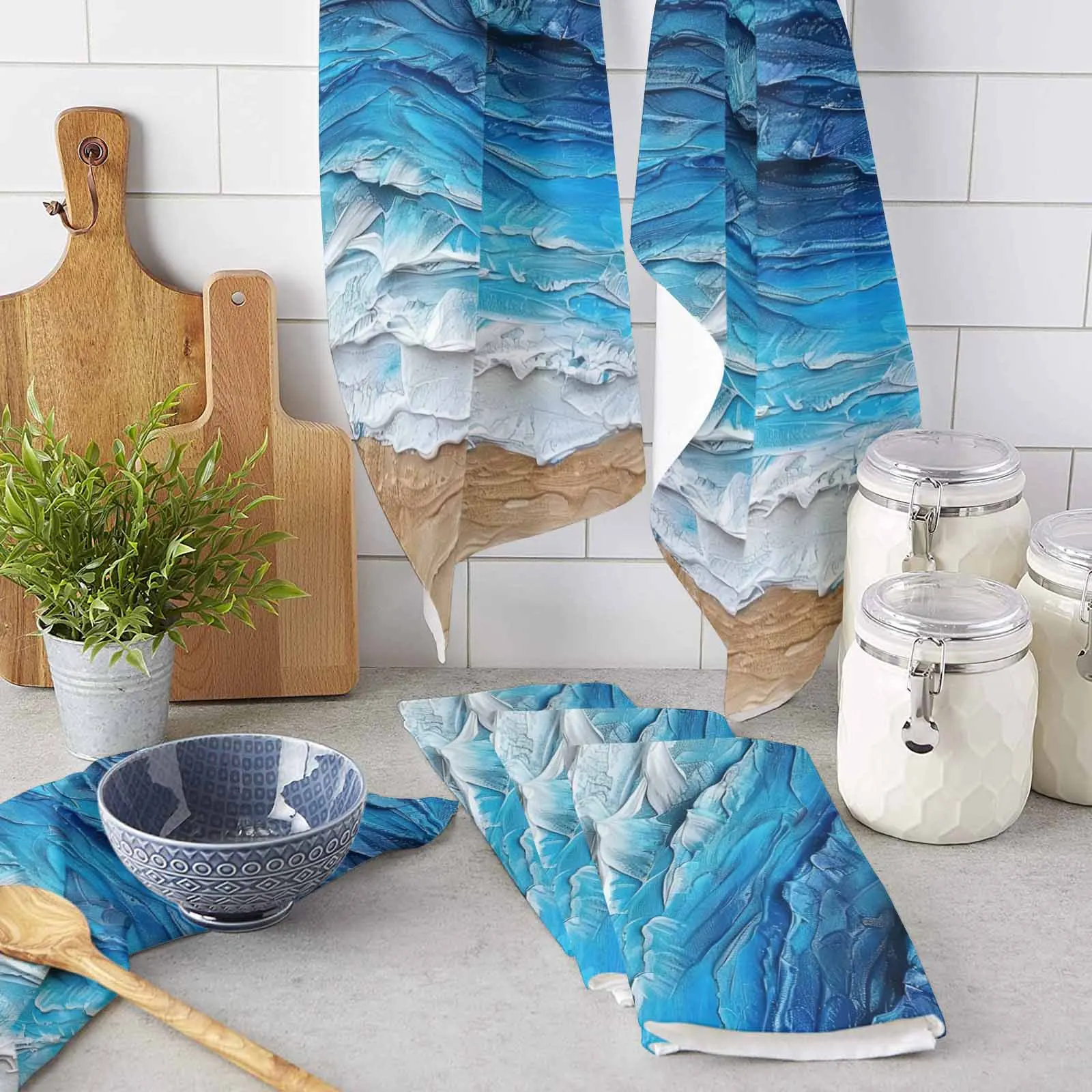 Ocean Waves Gradient Oil Painting Microfiber Towel Absorbent Kitchen Cleaning Cloth Dish Towel Household Cleaning Towel