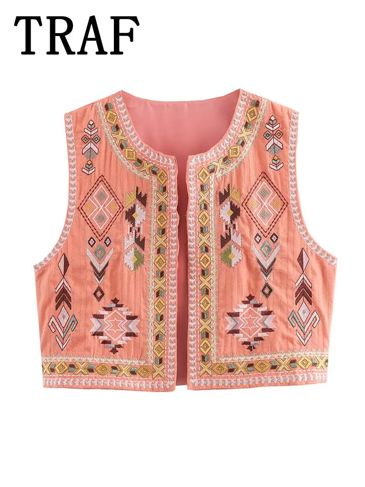 TRAF Vintage Embroidered Vests for Women Fashion National Style Sleeveless Coat Summer Vest 2024 Streetwear Casual Waistcoat Top