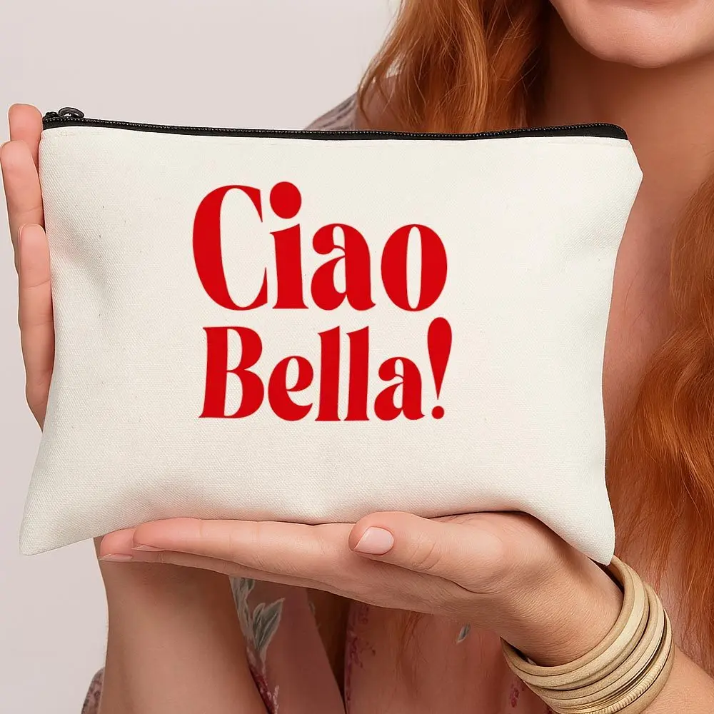 Modern Typography Print Cosmetic Bag Italian Quote Red Elegant Travel Makeup Organizer Portable Toiletry Pouch Zipper Closure