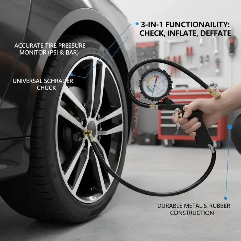 3in1 Dial Gauge Inflator Tester Air Compressor Pump Tool Car Motorcycle Tire Pressure Gauge Multi-function Tire Pressure Monitor