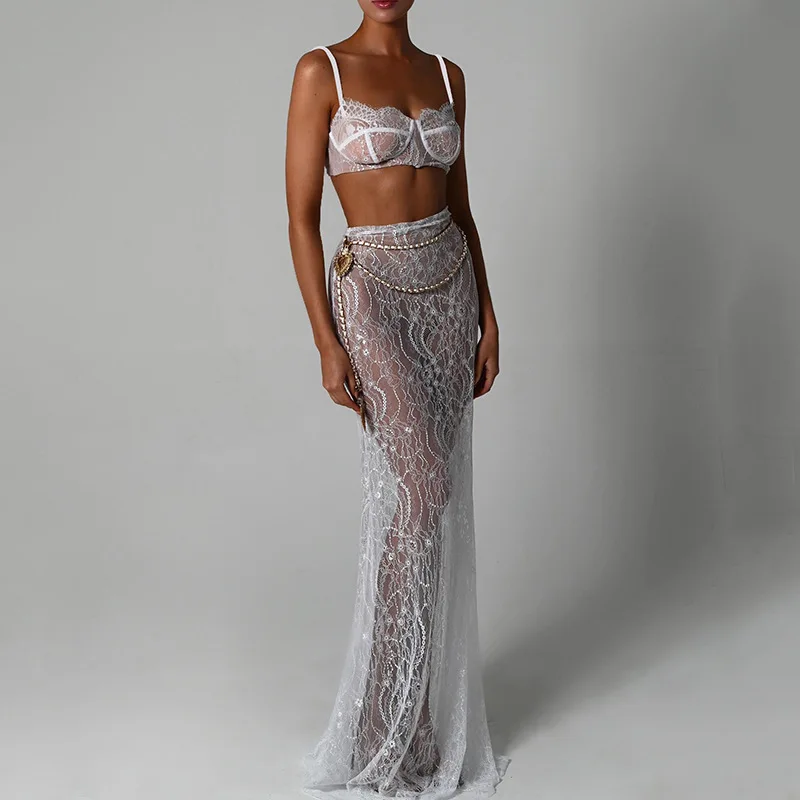 Women Sexy Lace Two Piece Set Camisole Crop Tops See Through High Waist Maxi Mermaid Skirt Metal Chain Belt Party Dress Suit