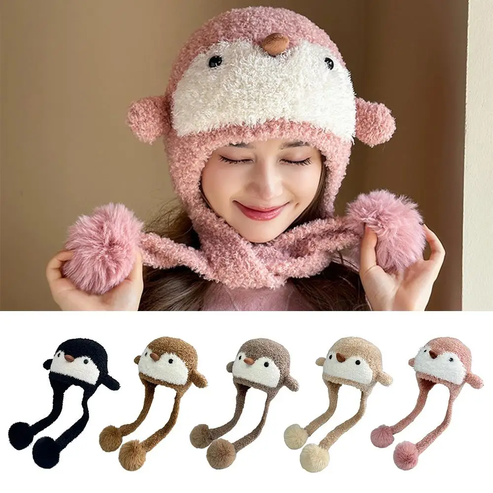 Gorro informal de invierno con pingüino de dibujos animados para mujer, gorro de punto versátil con protección para los oídos, gorro de esquí