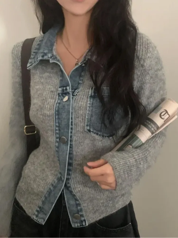 

Unique Design Denim Knitted Sweater Coat Women's Winter New Sle Warm Cardigan Top Splicing Trendy Fem Outerwear
