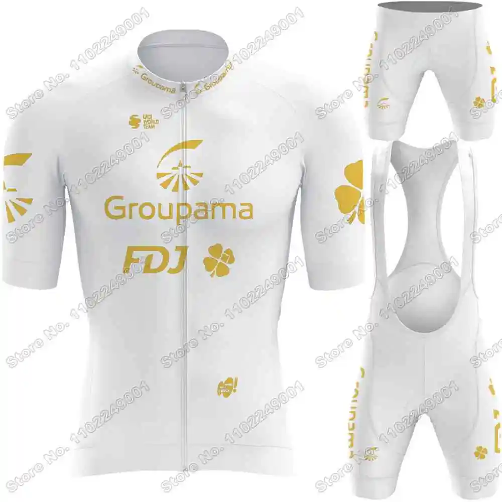 Golden Team FDJ 2023 Cycling Jersey Set White Cycling Clothing Men Road Bike Shirt Suit Bicycle Bib Shorts MTB Riding Uniform