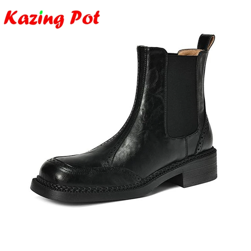 

Krazing Pot Cow Split Skin Med Heels Modern Chelsea Boots Casual Winter Autumn Sewing Handsome Warm Carving Women Ankle Boots