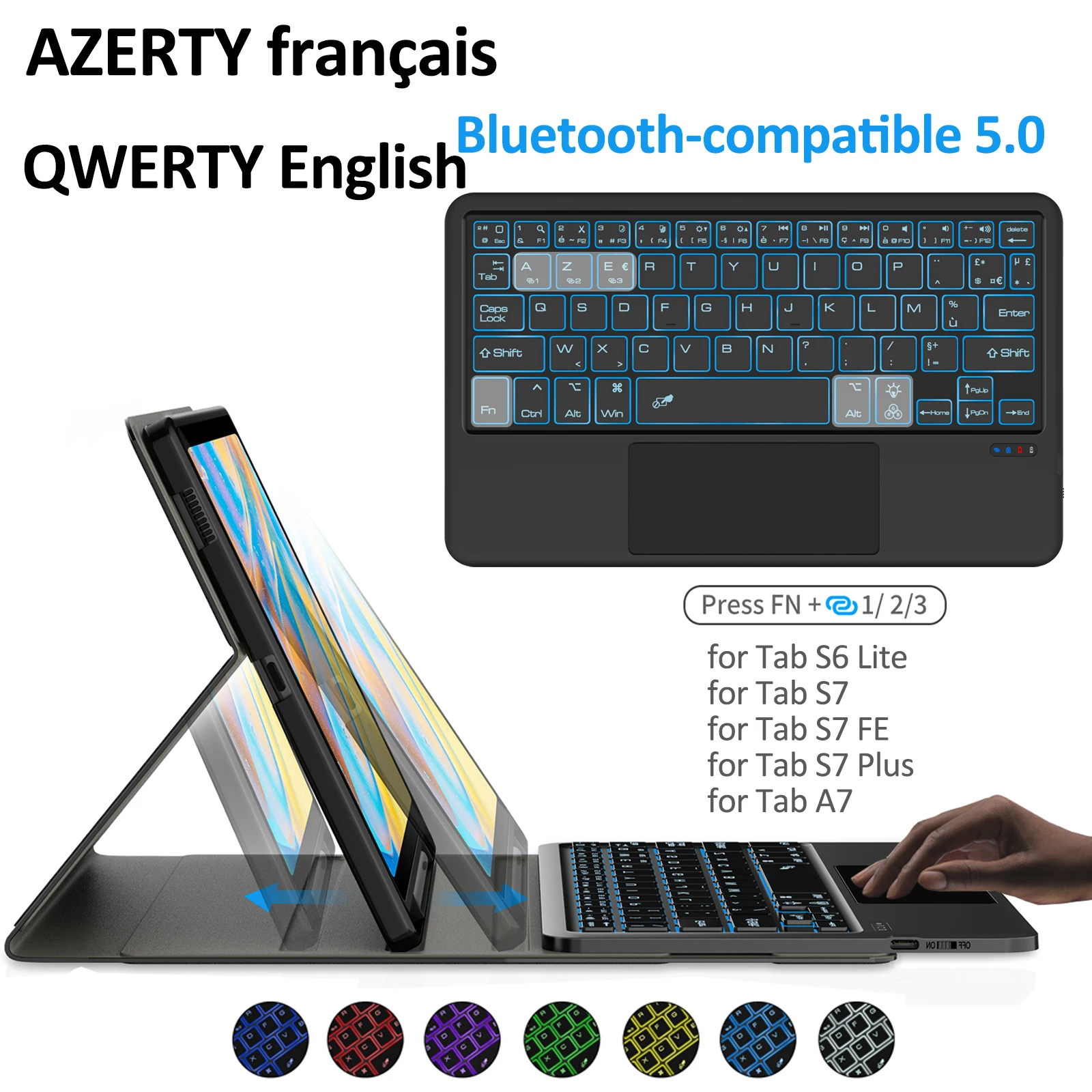 

Чехол AZERTY с французской клавиатурой для Samsung Galaxy Tab S6 Lite, BT 5,0, для Galaxy A8, A7, S7, FE Plus, Trackpad, 7 видов цветов, подсветка