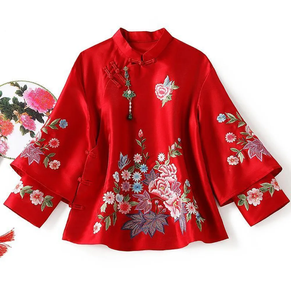 

Women's new autumn retro diagonal placket button embroidery stand collar improved cheongsam jacket