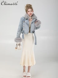 Commuter Retro All-Match Long-Sleeve Women's Coats Autumn and Winter Detachable Short Fur Collar Slim Fleece-Lined Denim Jackets