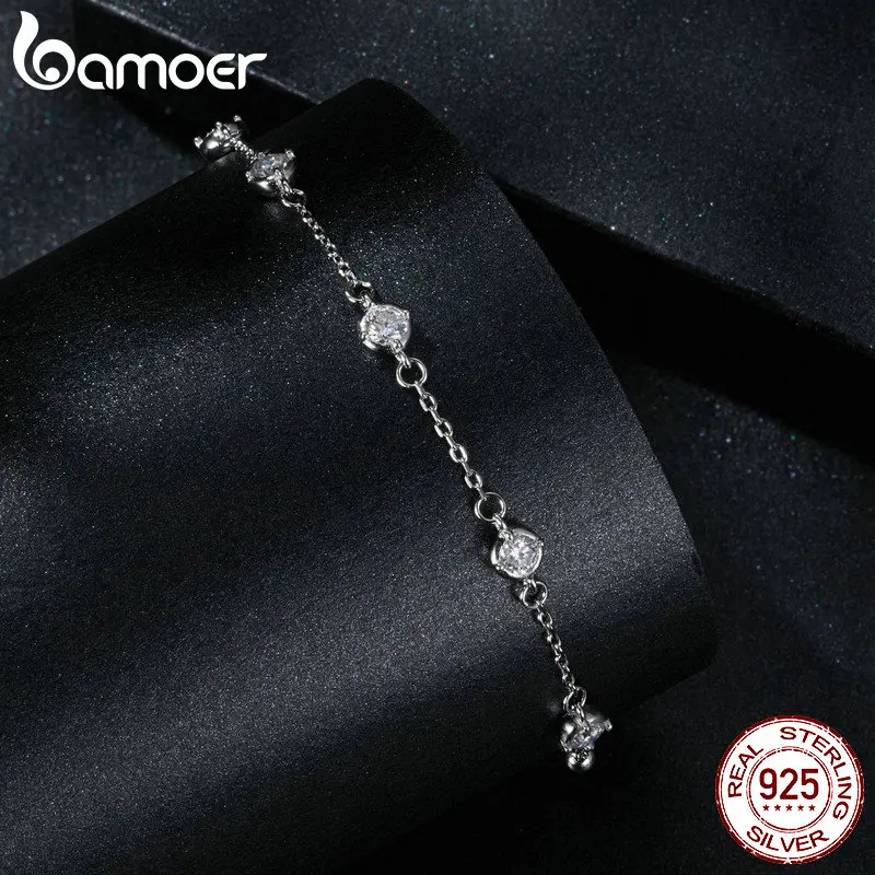 BAMOER 925 Sterling Silver Bezel Setting Starry Moissanite Bracelet Round Beads Chain Link for Women Anniversary Jewelry Gift