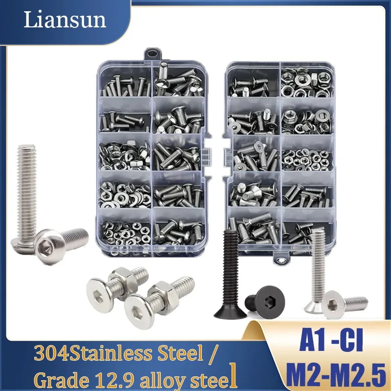 

Allen Key Head Screw M2M2.5M3-5 304Stainless Steel Hexagon Hex Socket Flat Countersunk/Button Head Screw and Nut Assortment Kit