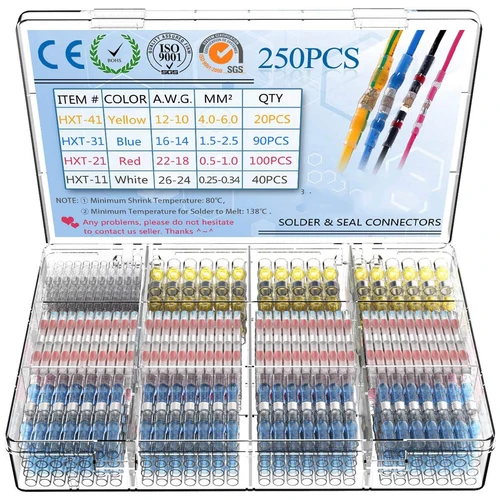Imagen 1 del producto Conectores de cable de sellado de soldadura, terminales de cable eléctrico aislados a prueba de agua, conectores a tope de soldadura termorretráctiles, 250 Uds.