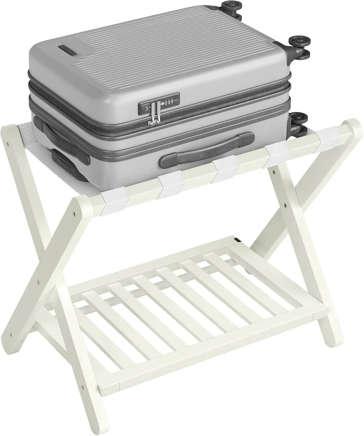 

Solid Wood Luggage Rack, No Assembly Required, Foldable Suitcase Stand with Storage Shelf for Guest Room