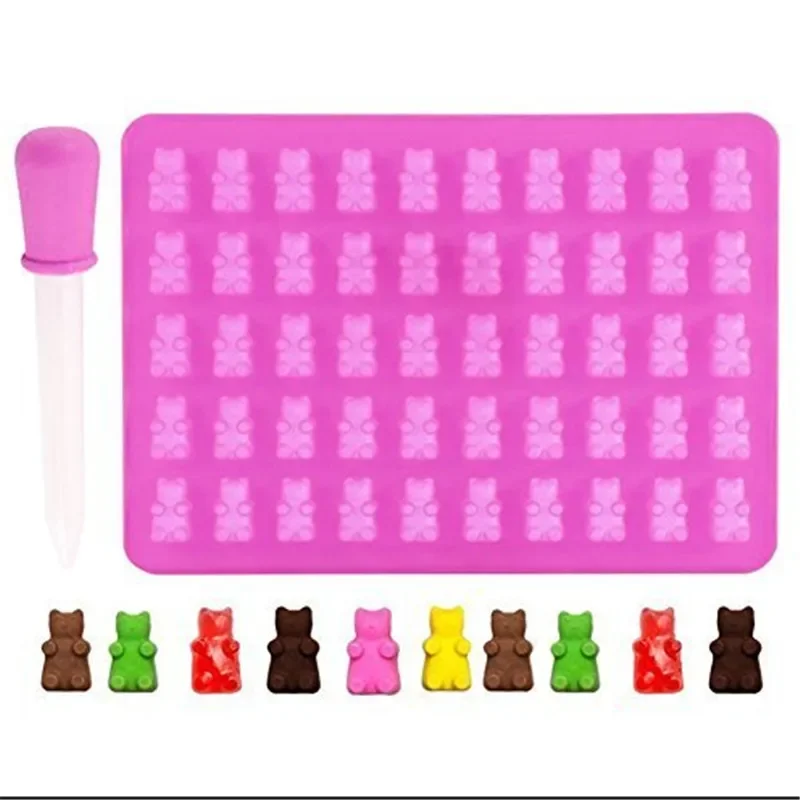 1 Set 50 Cavity Silicone Gummy Bear Chocolate Candy Maker Ice Tray Jelly Moulds Fashion Cake Tools Mold with Dropper Candy Mold