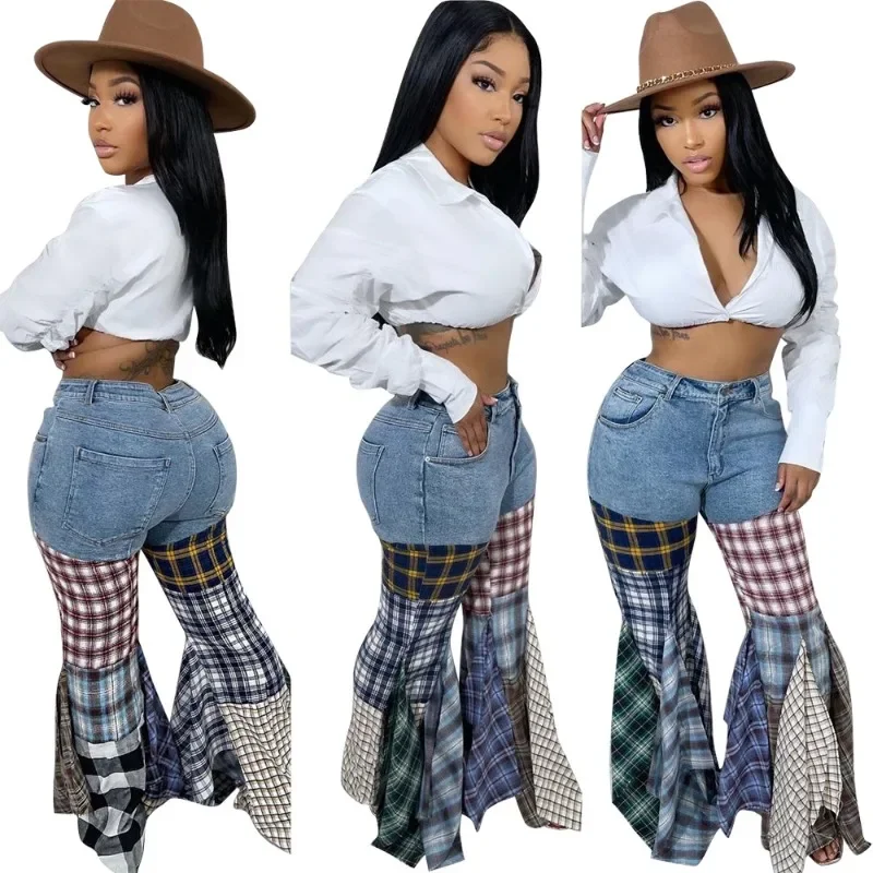 Denim Patchwork Plaid Ruffle Flare Pants for Women Y2K Streetwear 2023 Autumn Winter Mid Waist Button Fly Strecth Slim Fit Jeans