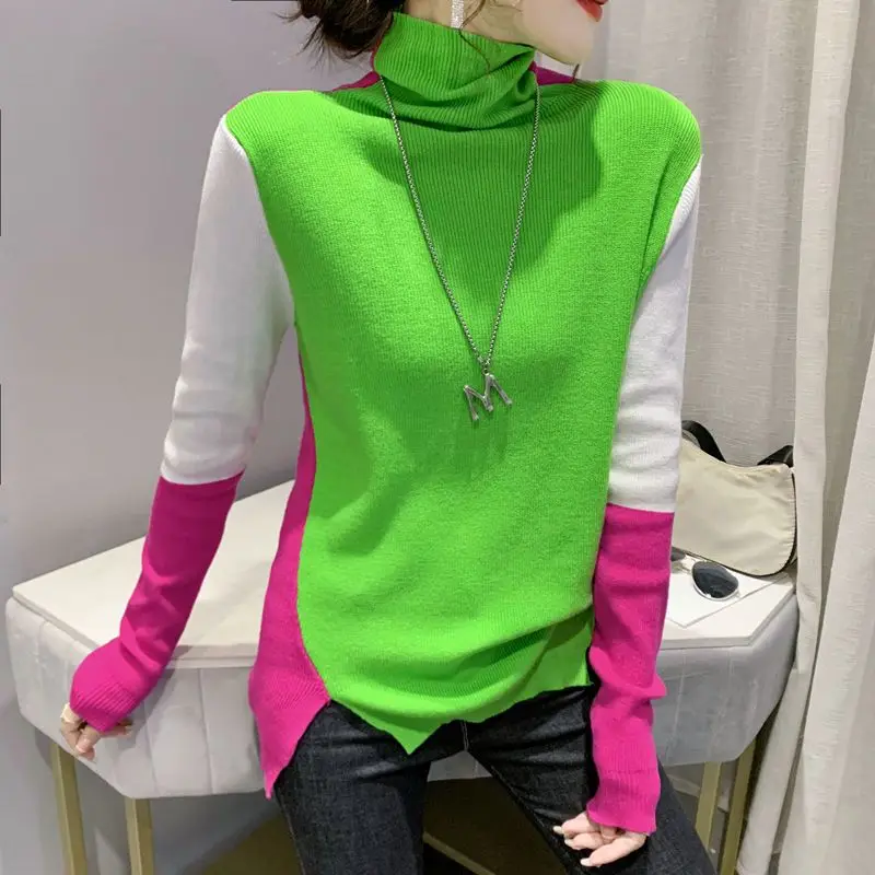 Contrast Color turtleneck Pullover Bottom Sweater Women\'s Autumn Winter 2023 New Slim Commute All-match Long Sleeve Knitted Tops