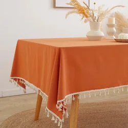 Easter Pure Color Tassels Cotton Tablecloth Washed Cotton Red Green Christmas Table Cover for Home Party Dining table Decora