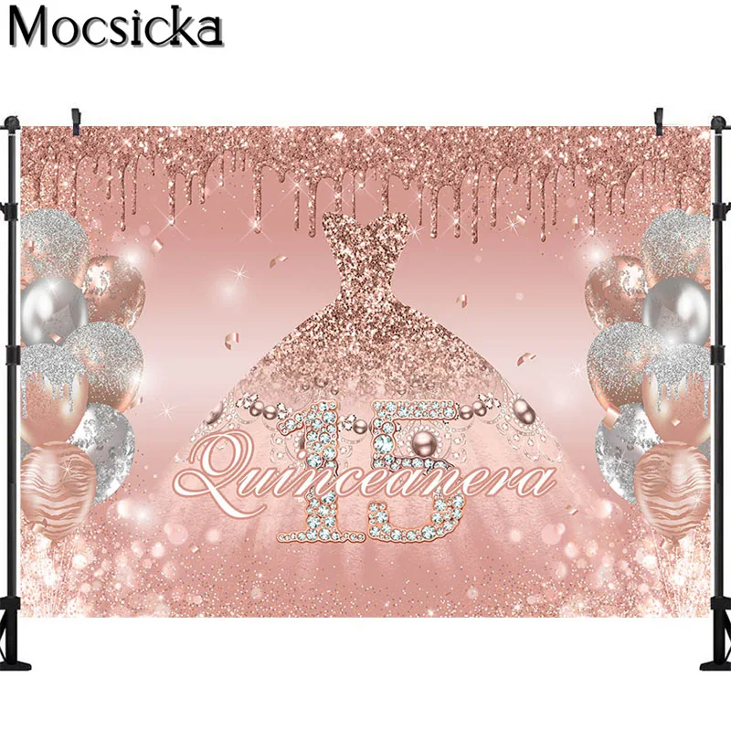 Fondo de cumpleaños para niña, vestido de oro rosa brillante, fondo de fotografía Floral, globo, decoración de fiesta para adultos, pancarta, 15 y quinto quinto cumpleaños