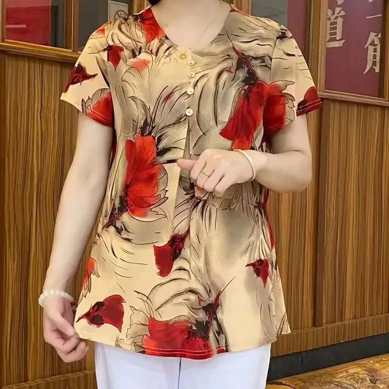 Casual Vintage Floral Printed Shirt Fashion Folds Button Women\'s Clothing O-Neck Loose 2023 Summer Short Sleeve Commute Blouse