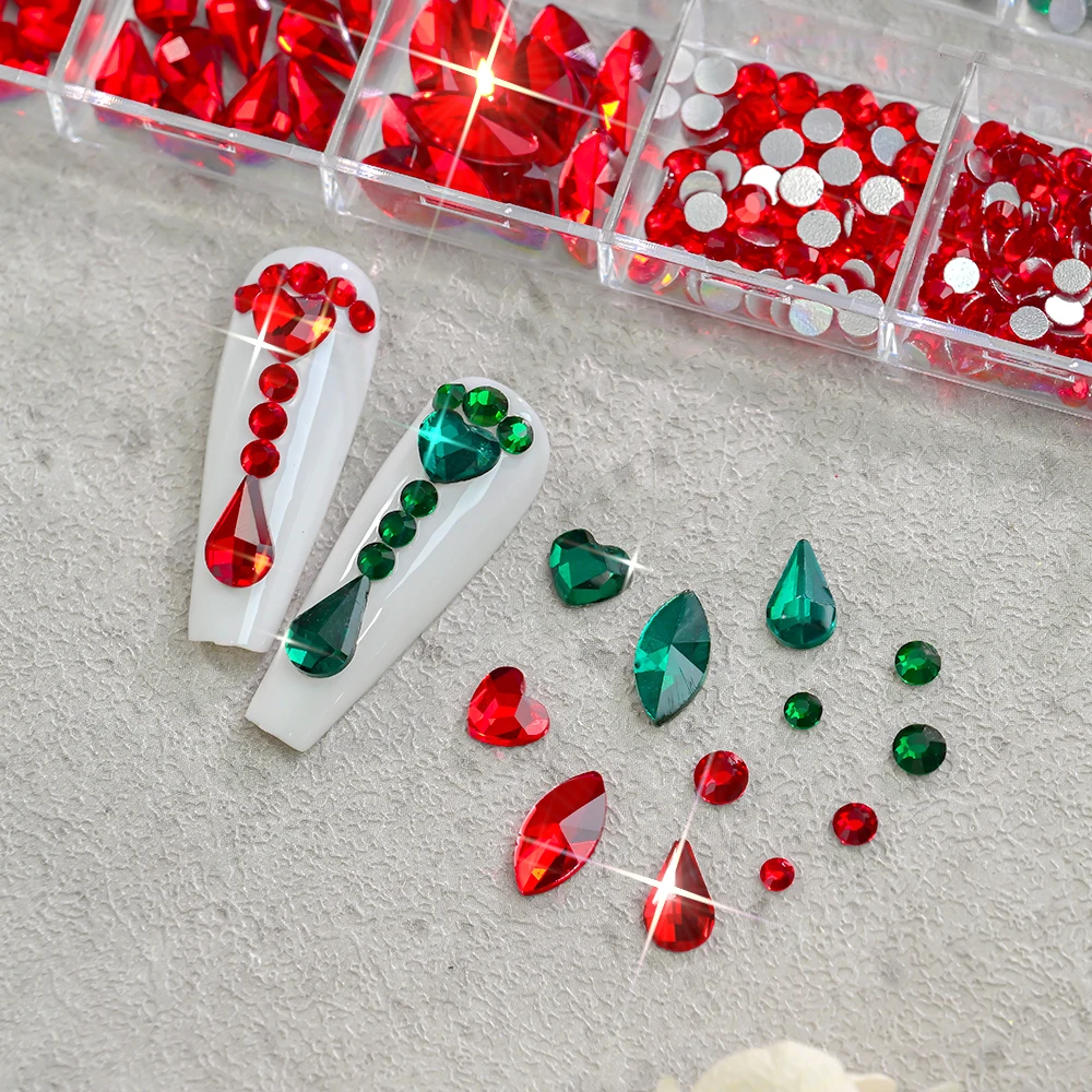 1박스 레드 & 그린 축제 색상 쥬얼리 제작 네일 참 크리스마스 플랫 백 네일 라인스톤 논핫픽스 글래스 네일 용품*