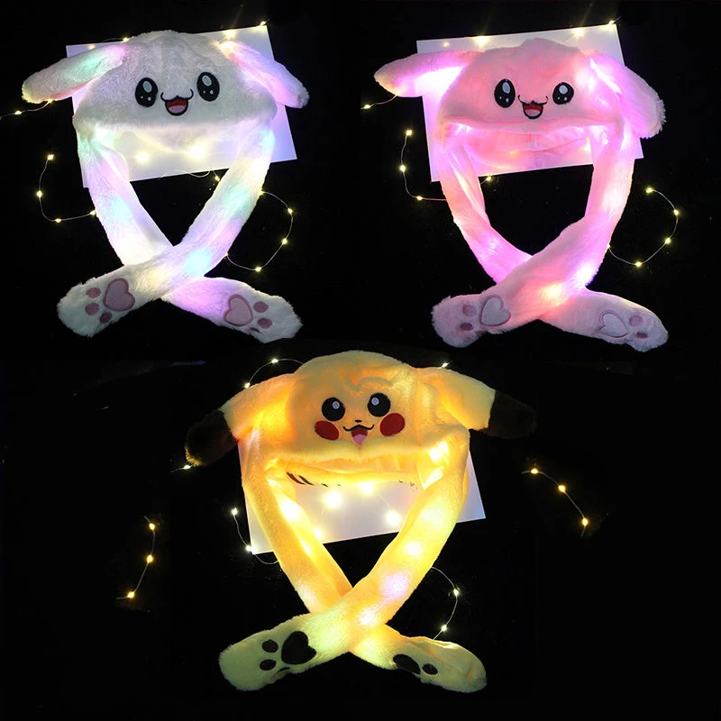 Kids Glowing Bunny Ear Moving Hat Pikachu Anime Jumping up Rabbit Plush Flash Cartoon Children Gift light up Luminous Hat Toys