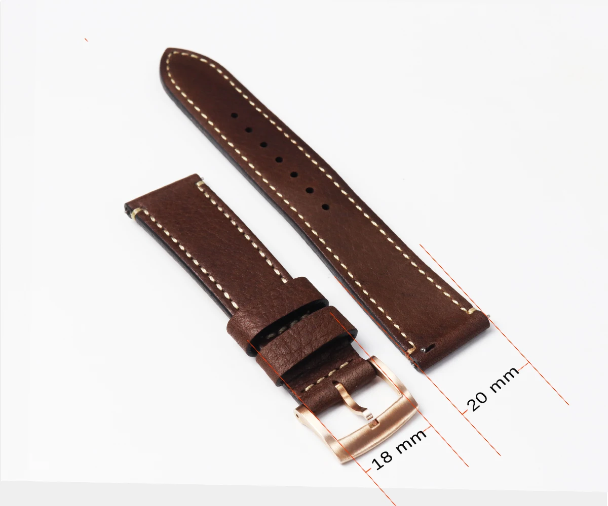 Cronos Leather Strap for Watch Flat Ends 20mm Bronze Tongue Buckle Stainless steel Brushed Buckle With Quick Release Spring Bars