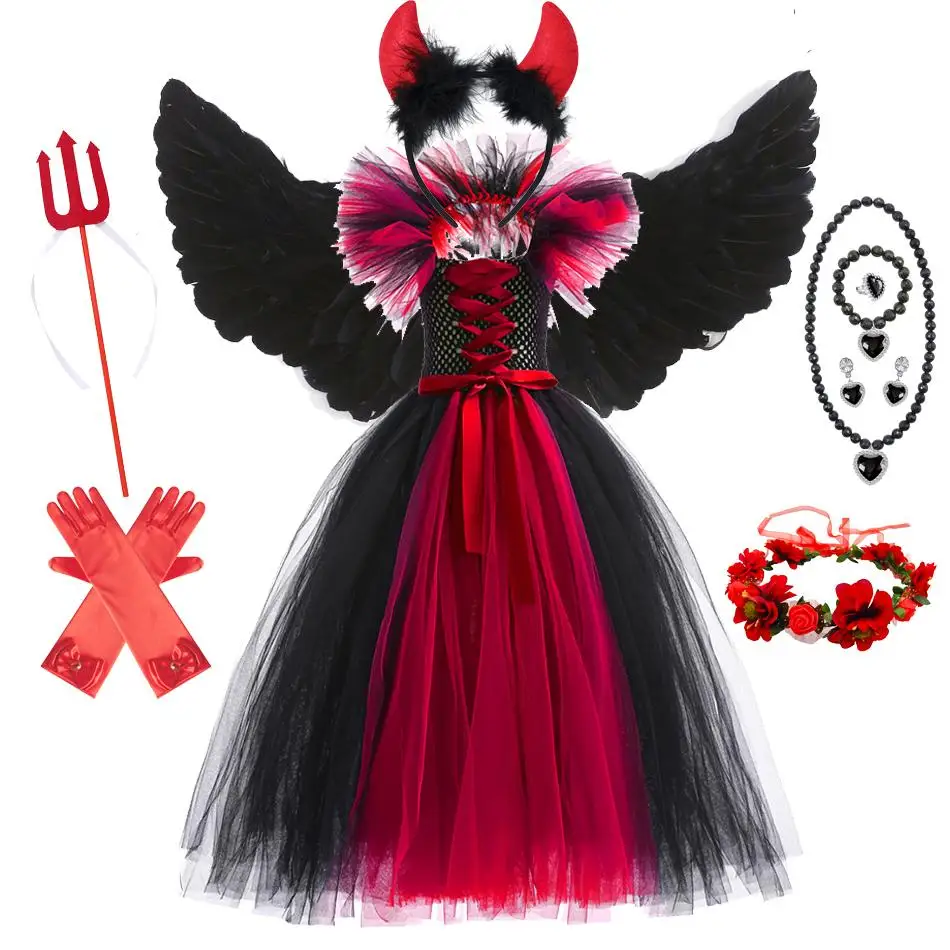 

Kids Black Red Fallen Angel Costume Evil Demon Tutu Dress with Full Accessories for Carnival Masquerade Cosplay Costume