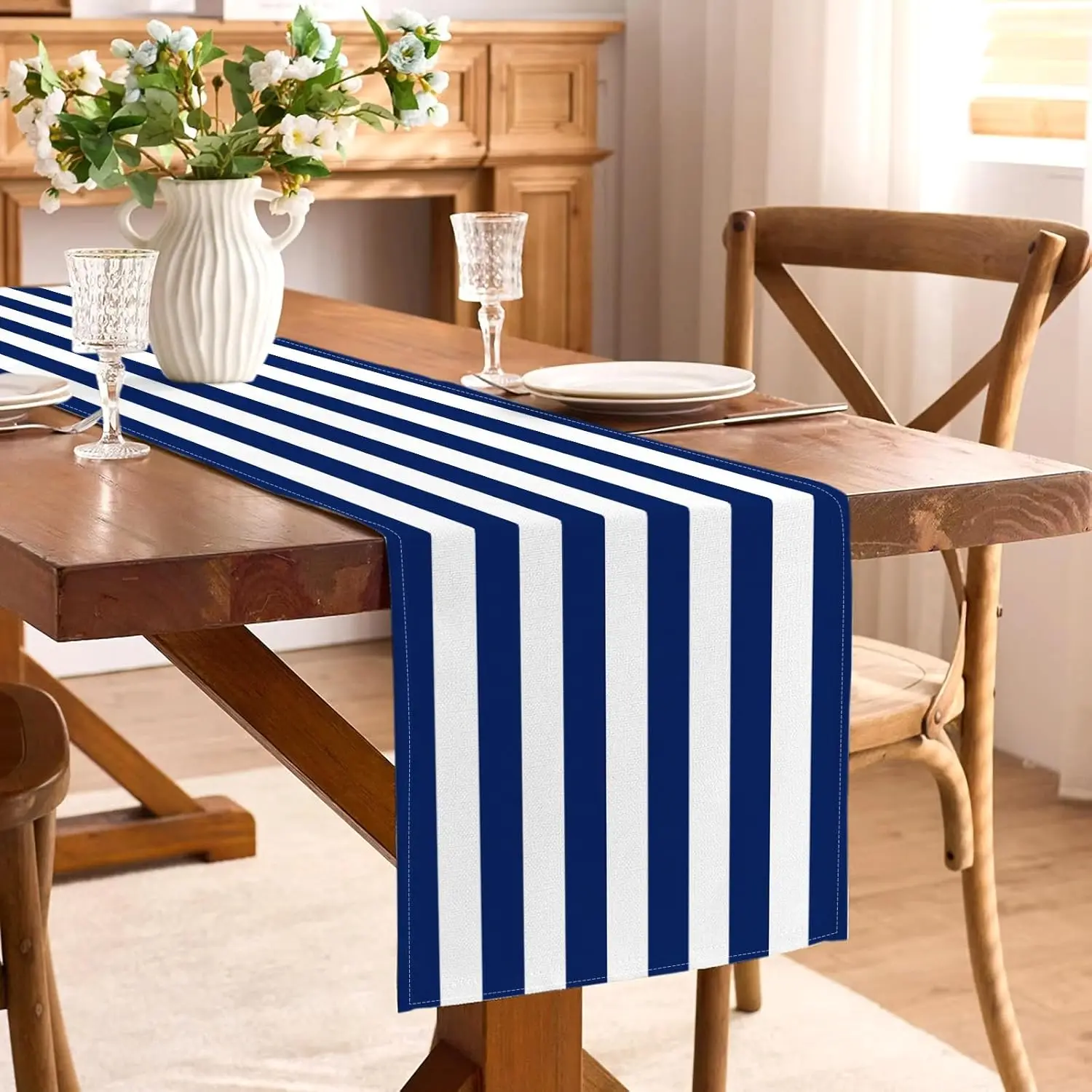 Navy Blue Striped Linen Table Runner Home Table Decor Reusable Farmhouse Kitchen Dining Table Runner Holiday Party Decor