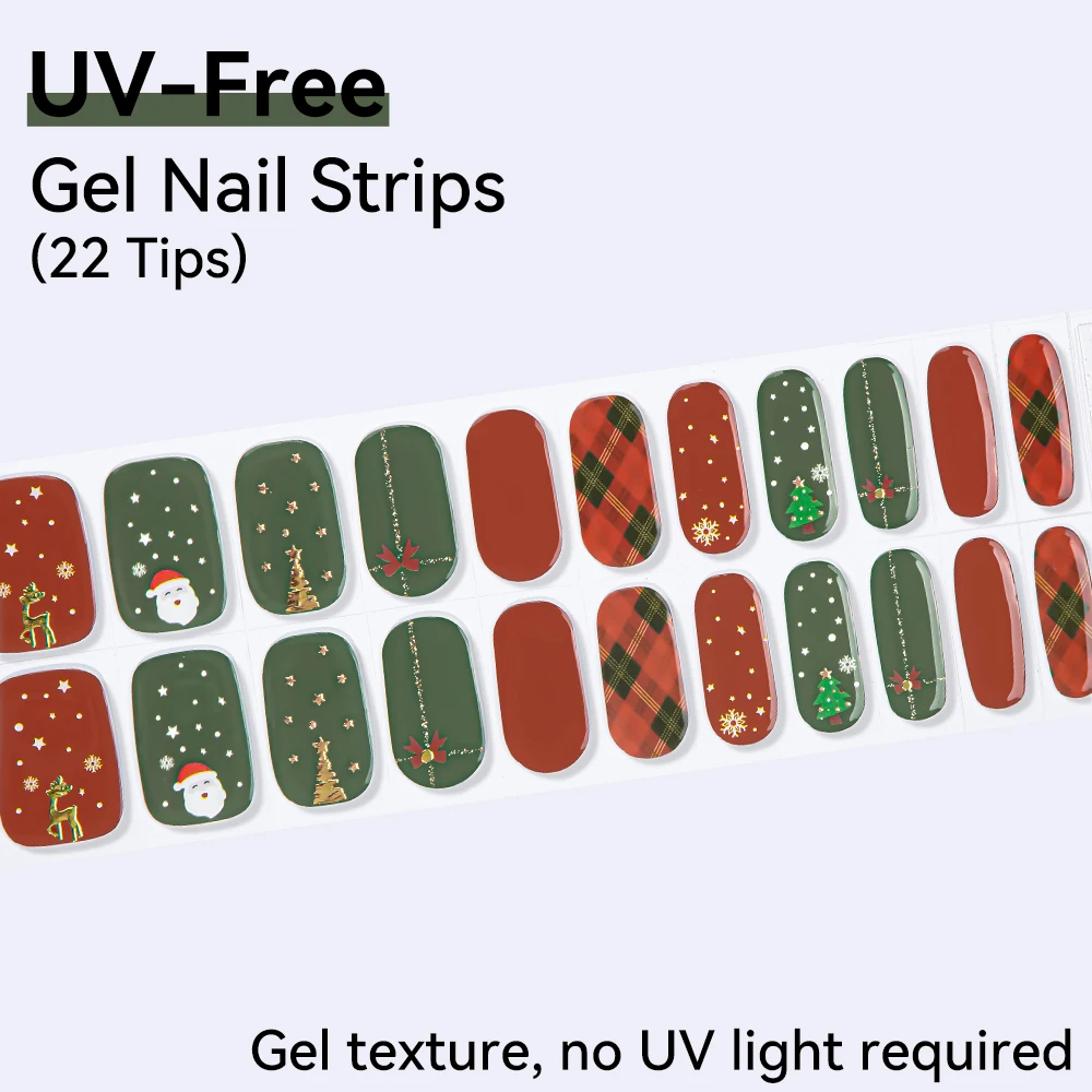 16/22Tips Christmas UV Free Nail Gel Strips No Need UV Lamp Cured Full Cover Stickers For 3D Nail Decals Manicure Press On Slide
