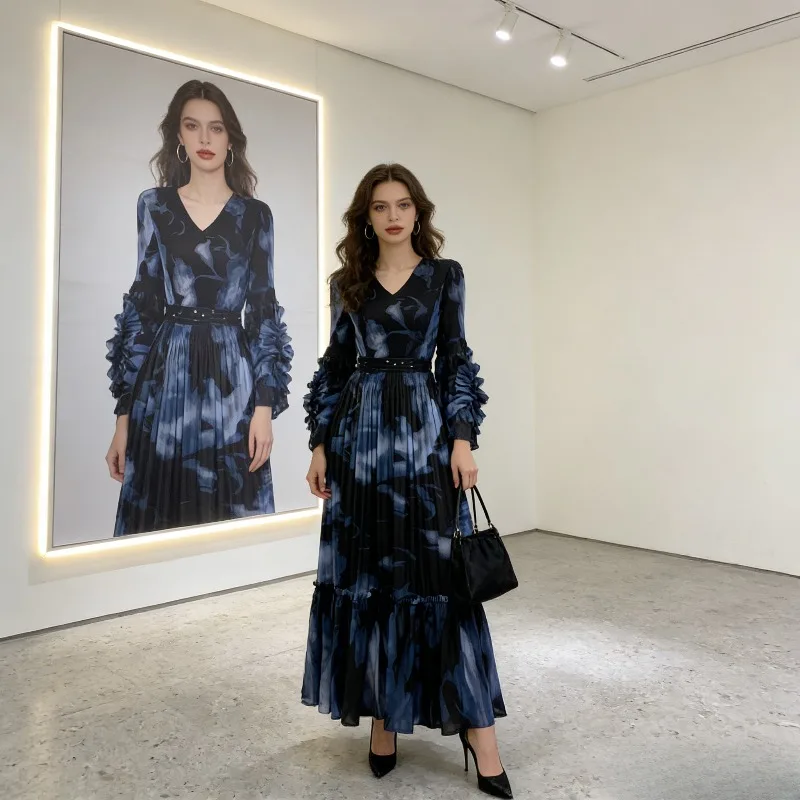 

Плиссированное платье Miyake 2026 Весна/Лето, новое, с принтом, повседневное, черное, свободное, комфортное, с цветочным узором, модное, длинное, плиссированное