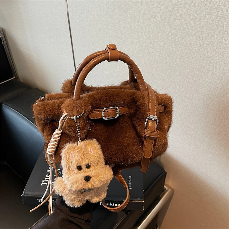 

Women's White Faux Fur Handbag with Dog Charm - Cute Plush Top Handle Bag, Winter Fashion Crossbody Purse with Detachable Strap