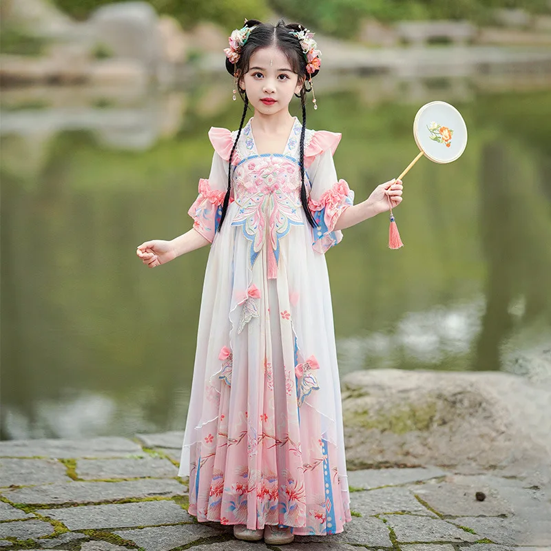 Vintage Chinese Traditional Kids 2024 New Hanfu Dress Lovely Girls Embroidery Dance Perform Costumes Cosplay Birthday Gift