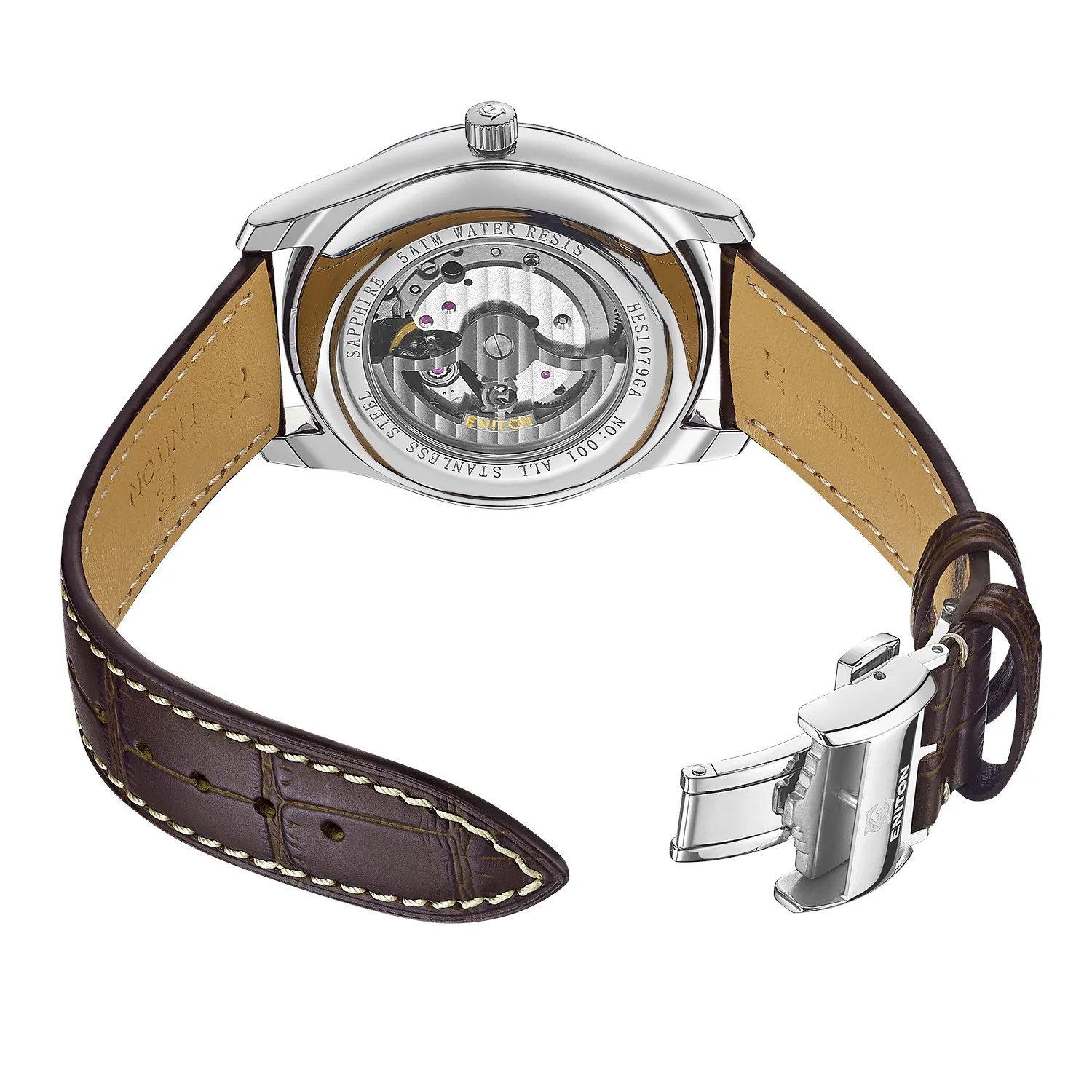 ENITON ساعة أوتوماتيكية للرجال الفولاذ المقاوم للصدأ 316L 8215 حركة الراقية الفاخرة رجل ساعة مقاوم للماء حلقة من جلد ساعة ميكانيكية