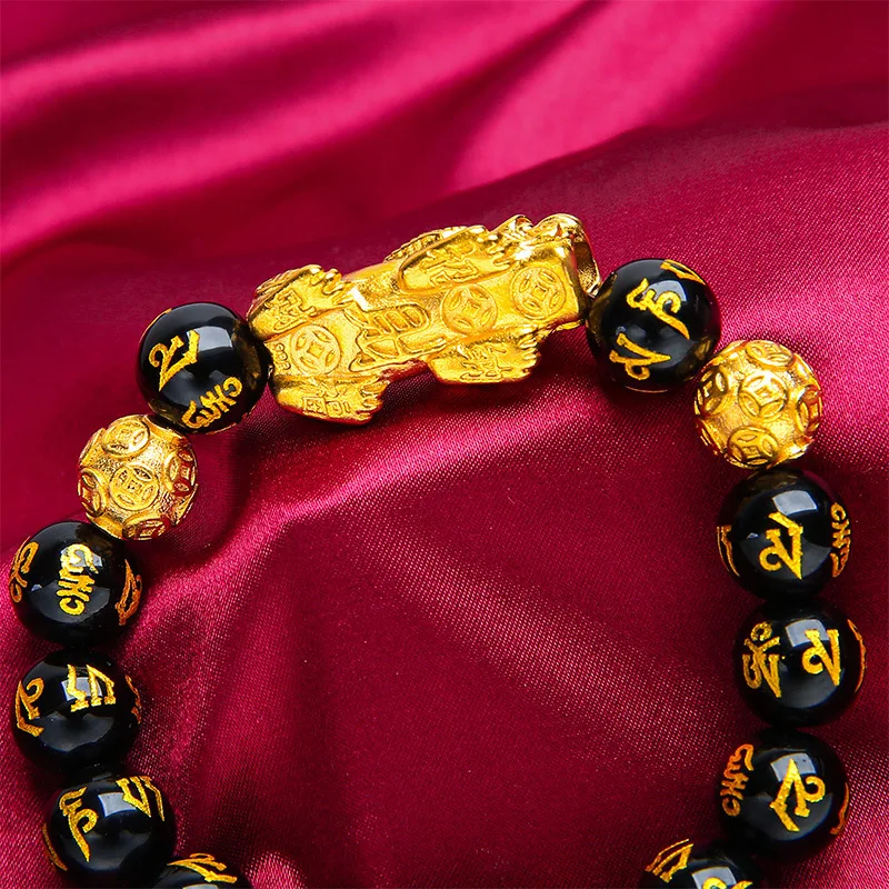 سوار رجالي Lucky Pixiu من الذهب عيار 24 قيراط، زوجين AU999 - عملات Pixiu Biting + انكسار الخرز، نمط CP الأثرياء، عصري يجب اقتناؤه