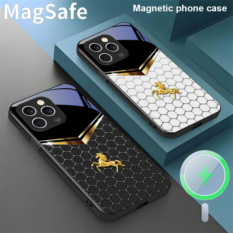 

Honeycomb Golden Horse For iPhone 16E 15 Pro 14 13 Plus 12 mini 11 15Pro 14Max XR Xs X 7 8 P lus 16 Magsafe Glass Phone Case