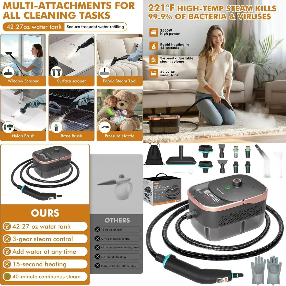 

Портативный пароочиститель с нагревом за 15 секунд, бак 42,27 унции, мощность 2500 Вт, 15 насадок, идеально подходит для дома, автомобилей и мебели